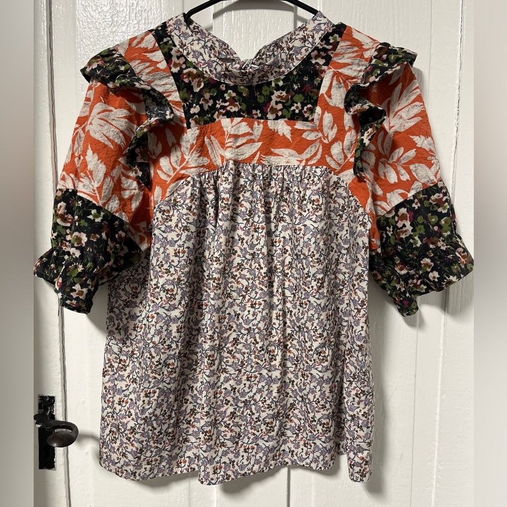 THML Patchwork Floral Ruffle Blouse with neck bac… - image 4